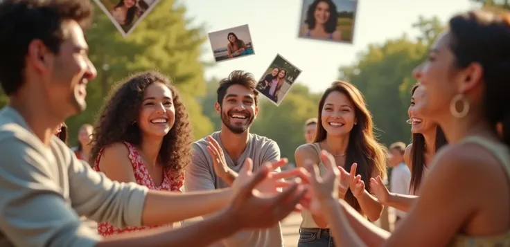  Cheerful and happy people , realism,   throw up photos , catch them  