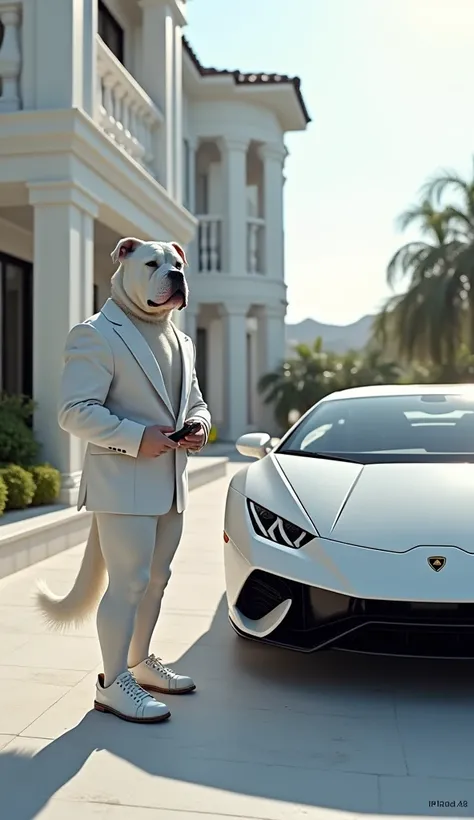 
Un chien blanc, extrêmement musclé, se tient devant une villa de luxe entièrement blanche, avec des détails modernes et imposants. Il porte une veste blanche, taillée parfaitement pour accentuer sa carrure musclée, et se dirige vers une Lamborghini blanch...