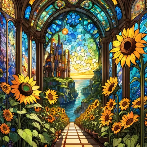 Sea of Flowers, Aesthetic,  Stained Sunflowers , Dan Mumford, Cyril Rolland, MW Kaluta ,  Louis Comfort Tiffany , Dale Chihuly, hyper-  Details,  Surreal , digital landscape painting , 8k resolution, Beautiful colors,  Tarot Cards , Awe,  Sunflowers Made i...