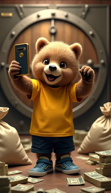 The bear cub is holding up a phone and taking a selfie with an excited expression. The bear’s surroundings include a large vault door, cash, and some sacks of money. The yellow t-shirt, black shorts, and blue sneakers remain consistent.