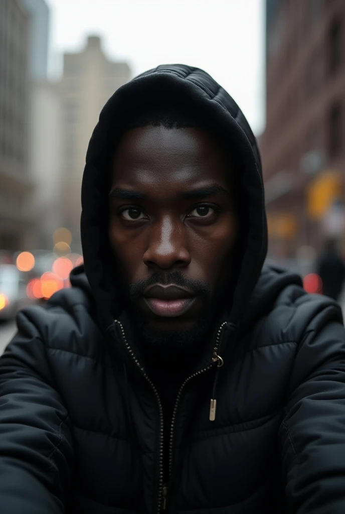 Very dark skin man with black skin, he is 62 220lbs, evil eyes, african american, cold, emotionless, ruthless, empty eyes 4k ultra realistic photo high quality Textured Skin accurate taking selfie outside new york hood