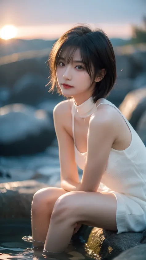 (Hyper Reality: 1.35), (Realistic: 1.4),  beautiful Japanese women , smile, Alone. (((light makeup))), masterpiece, 最 high quality,  high quality, Alone,  very nice, Puberty, Only Girl, Well-trained  slender body sitting in a rock bath, Muscular,  slender ...