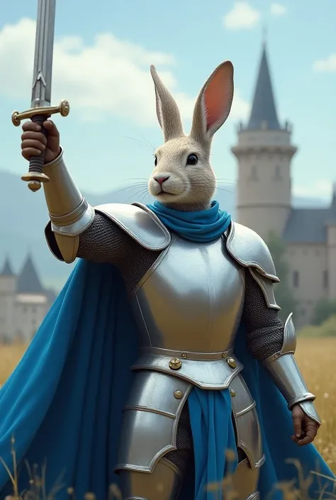  the rabbit knight raises his sword in the sky 、 I swear to be brave 。 shining silver armor and silver sword 。 turns over the blue pure knights cape with the castle in the background、Im leaving now 。