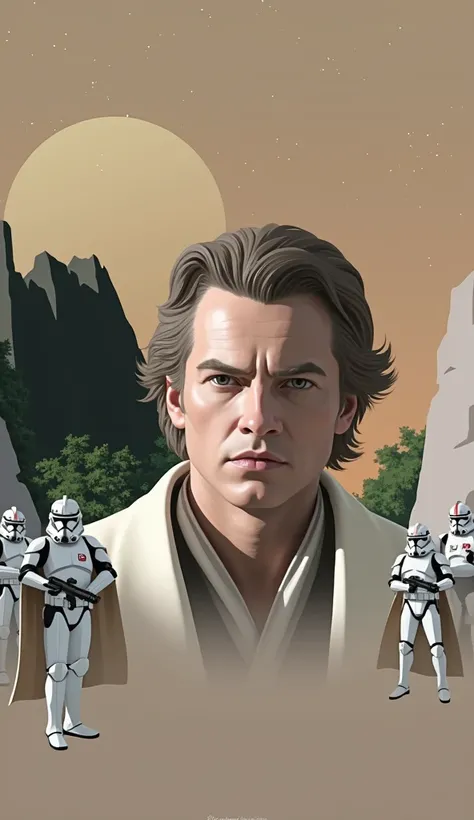  Star wars reveng of the sith movie, anakin Skywalker with 20 clone troopers  in the back ground, in alien planet, big alien rocks  in the green colors plants, night time, star wars revenge of the sith film accurate, Hayden Christensen face as Anakin Skywa...