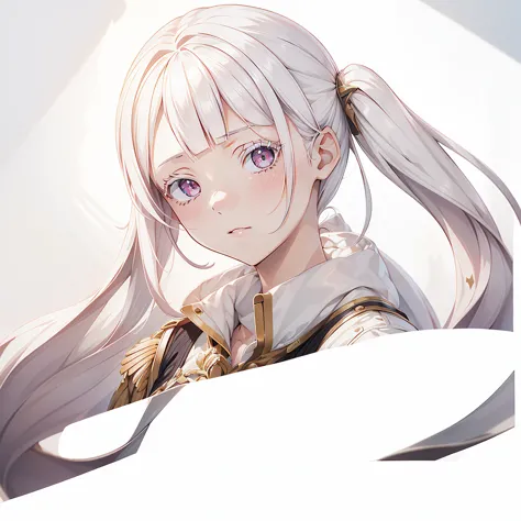 1girl,Handsome face、(((The best composition、Best Quality、 masterpiece、Super detailed、 high definition)))、Simple Background、Milky white hair color、 long straight hair 、 military uniform coat with extended sleeves、white long lashes 、