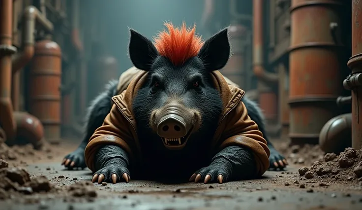 Style: Realistic, cinematic, action, sharp, concept art. Details: the male boar lie on the floor, inside of old factory, at night. Characters: the male boar, 3D cartoon character, well-knit body, black matted fur, ((((red))) tuft of hair, fierce smile face...