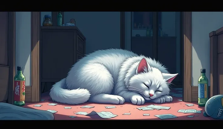  Hi-Res, accurate, Best Quality,  widescreen ,  Illustration,  anime style, 1silver fluffy mature cat, sleeping on the floor，after meal, back in hotel room, empty bottles onthe floor, room is in mess, dramatic situation, 