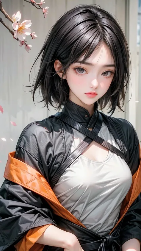 1girl, black straight hair, full bang hair cut, small breast, grey and orange tectical tech kinono, Harness, samurai armour, Mechanical, OL, flower decoration, cherry blossom, toist motif(0.5), masterpiece, best quality, Perfect details, Perfect hands, per...