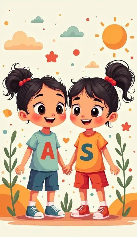 Two cute  girls with letters A and S written on their tshirt cartoon with cute background 