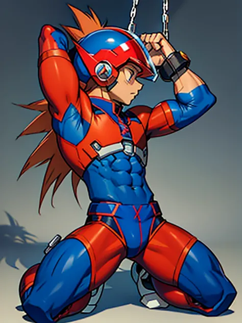 axl(mega man x)　axl　boy in tights 　 helmet 　kneeling　 realistic skin　 side view 　全身boy in tights 　 raises arms　boy in spats 　 is...