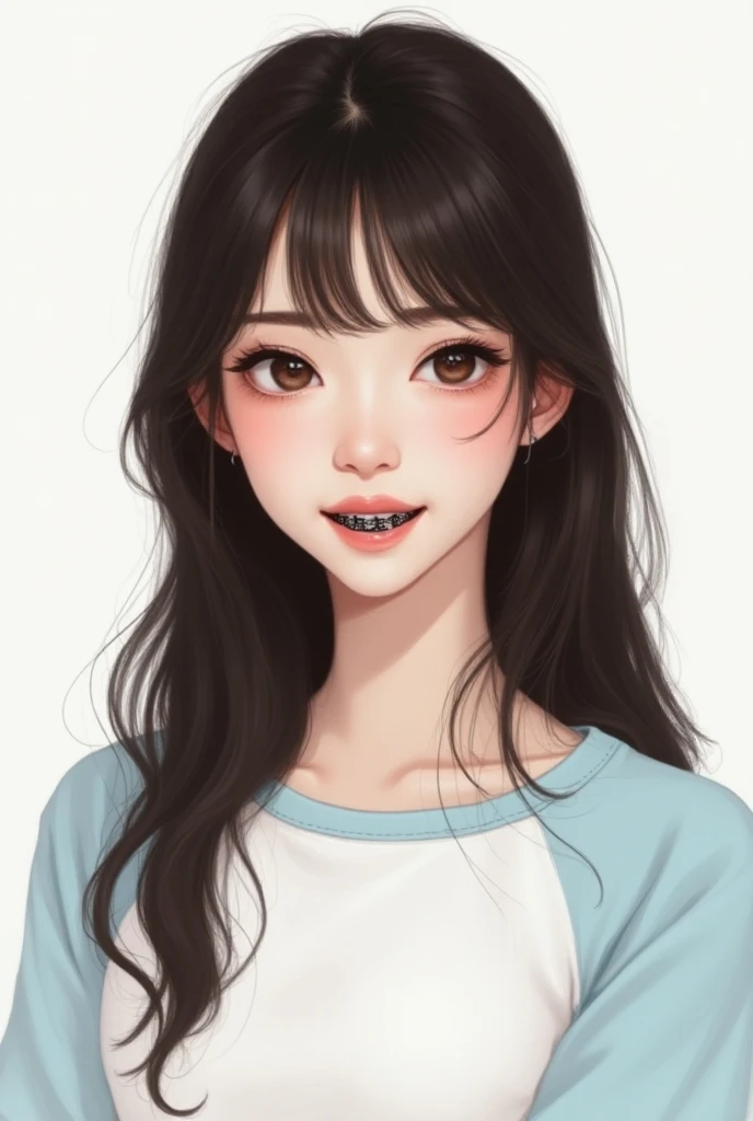 a brunette girl , 20 years old, brown-eyed,  with long brown hair and very straight, refined nose,  with black braces round face ,  white t-shirt with light blue sleeves. very realistic drawing 