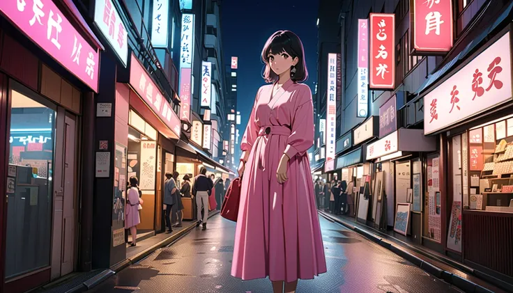 (Highest quality, 4K, 8k, High resolution, masterpiece:1.2), Very detailed, Picturesque, Anime style photo, Photo Anime:1.37)、A beautiful Japanese woman, Shibuya at night, 
black hair, 1980s, whole body