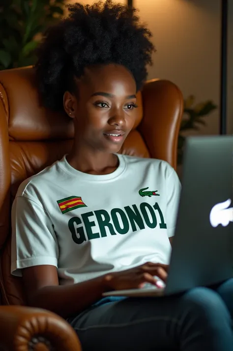 Une jeune fille Congolaise portant un lacoste avec couronné de symbole de son Pays quelle sois reposé dans une chaise plus cher en navigant son ordinateur et sur son lacoste qui est le nom de GERSON001 en grand caracteur et son ordinateur sallume avec le n...