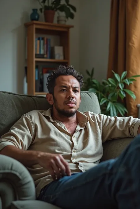 a man sitting on the couch in a modest apartment room amateur photo, sydney, australia, crew cut curly short hair, receding temples, medium beard, dark hair