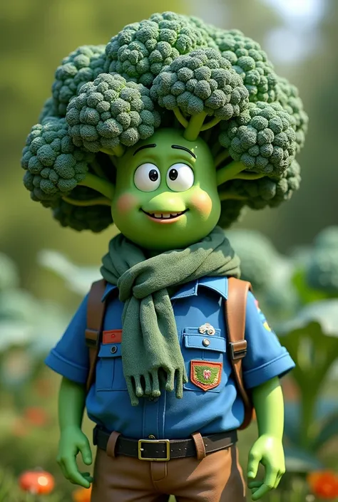  Make a broccoli dressed as a scout with a blue shirt. Green and gray scarf . 