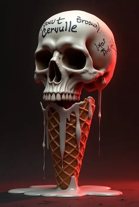 A picture of a melted skull dripping into an ice cream cone. The skull has several graffiti of "Gout" and "Cervelle". The skull is illuminated by a ghostly red and white shadow. The «melted» parts of the skull fall on a cone of waffle, leaving only one dro...