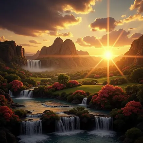 middle East、11 The city was enveloped in the glory of God、Shining like a jewel、Like Jasper〔Like crystal〕It was crystal clear.。Israel- Fantastic - Painting Style Waterfall Soft painting style Brightly colored Bright light a wonderful heavenly garden, rainbo...