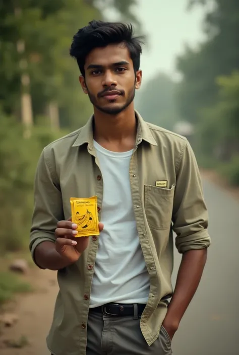 A Bengali male, wearing pant and shirt, aged 20 years. A pack of condoms in the mans hand, with a banana picture of condoms on it. Condom will be written on real men. There will be no blur.