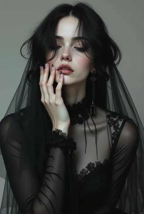 Make a realistic aesthetic half body painting of a strong beautiful closed eyes gothic lady facing up and her hand lightly touch her face also her face covered with veil with monochrome color 