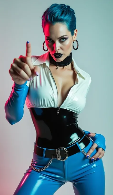 angelina jolie, en action de donner un coup de poing, latex brillant, dominatrice, chemisier en latex blanc, serre taille latex noir, costume pantalon en latex bleu avec zip entre les fesses, ceinture latex noir, futuriste veste courte en latex rose fluo, ...