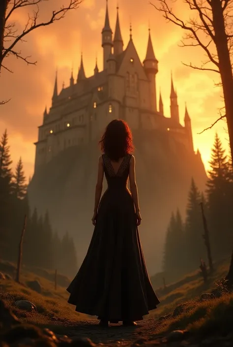 (high quality) (photorealism) A tall, curvy, big ass, girl wearing an long, oversized dress, messy short, hair, brown skinned, wearing plain white flats, is standing in front of huge, old, creepy castle, (hotel Transylvania) her back facing the viewer, as ...