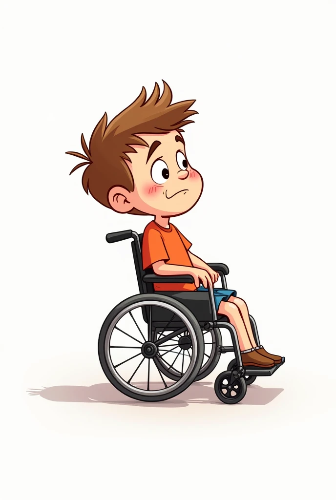 Suspicious boy in a cartoon with a wheelchair talking to someone ( on a white background without someone showing up ) The same old boy please