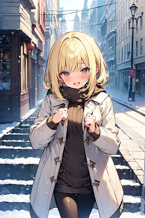 (Masterpiece, Top quality: 1.5), 1 beautiful girl, solo, (short height:1.3), ample breasts, (winter fashion:1.3), (long sweater, long duffle coat, leggings ,scarf:1.2), (blonde:1.5), (medium Hair:1.2), wavy Hair, asymmetry bangs, swept bangs, airy hair, st...