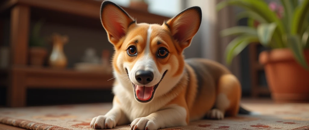 "Produces ultra-high definition images of chic Pembroke Welsh Corgi,  with black tips on the ears . Uses advanced techniques of macro photography、Highlights the intricate details of the dogs fur, Standing ears, Expressive eyes and tongue partially protrude...