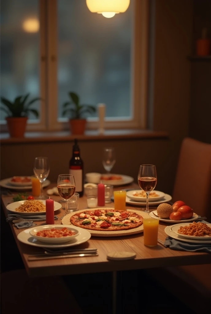 Night Blur realistic dining for two people with pizza, pasta wine and fruit juice without individuals and like taken from someone who sits in table