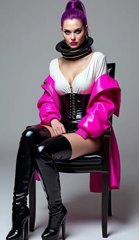 angelina jolie, assise sur un fauteuil latex bleu jambes croisées, latex brillant, dominatrice, chemisier en latex blanc, large et long corset latex noir, long jupe crayon en latex violet, ceinture latex noir, futuriste veste courte en latex rose fluo, lar...