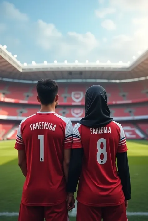 Create an image of a man named and a hijabi women namrd faheema standing infront of emirates stadium facing to the stadium by wearing arsenal jersey with their names