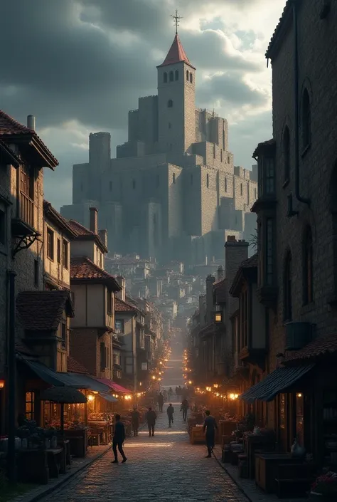 A hyper-realistic image inspired by Attack on Titan, depicting a grand medieval city enclosed by massive stone walls. The cityscape features narrow cobblestone streets, old European-style buildings with red-tiled roofs, and small details like wooden carts,...