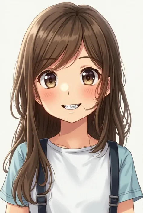 A slightly light brown-colored young brunette, brown-eyed,  with long brown hair and very straight, refined nose,  with black braces round face ,  white t-shirt with light blue sleeves. very realistic drawing 