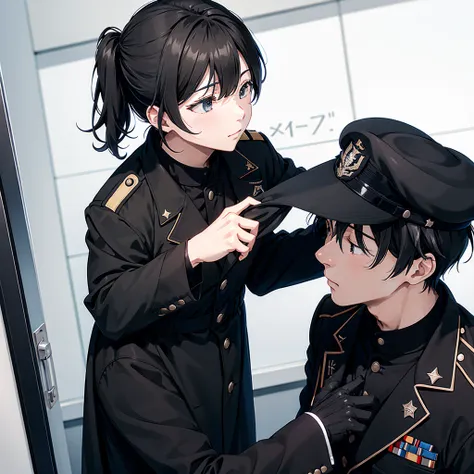  black military uniform、 black coat、 black military uniformの帽子、