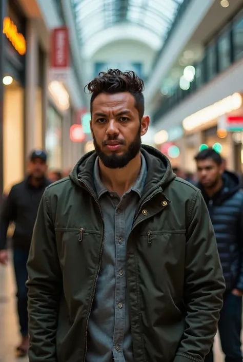 a man at mall shopping amateur photo, sydney, australia, crew cut curly short hair, receding temples, medium beard, dark hair