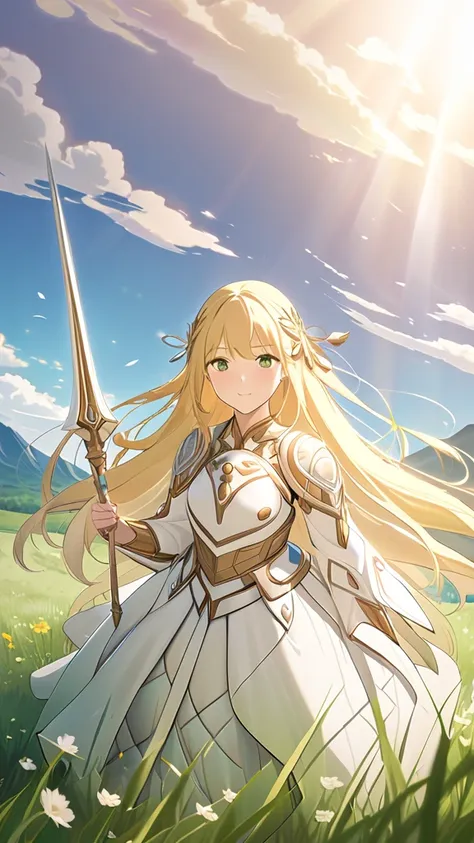 1 girl, ( cute face),  long hair,  golden hair ,  Fantasy Battle Dress, Delicate decoration, Holy Knight, Small Breasts Dreamy Expression , He has a sacred spear in his hand,  cowboy shots, Calm smile,  break,  Vast Prairie , ( Soft Sunlight:1.3), shining ...