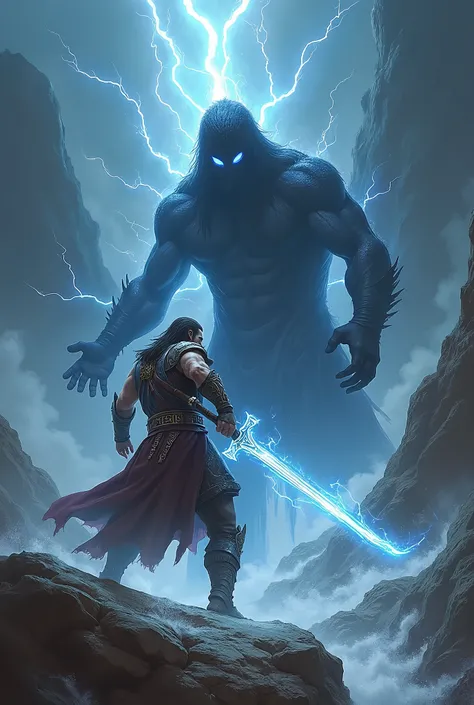 Fantasy art, warrior wielding glowing sword, defeating dark shadowy figure, water spirit, lightning, dramatic background, emotional aftermath"