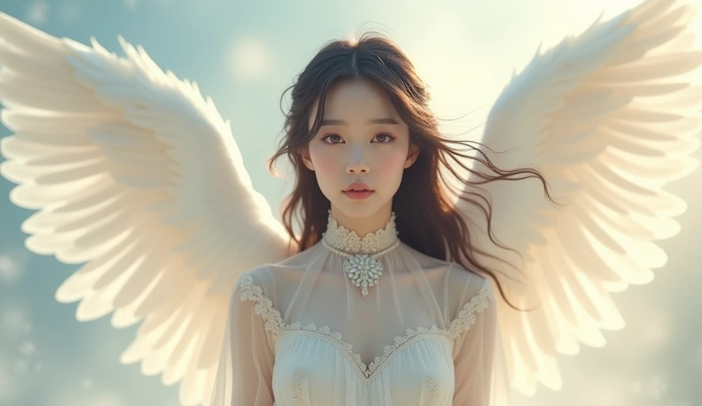  a beautiful young Korean woman，The shape of a COS angel ， She has huge beautiful wings 