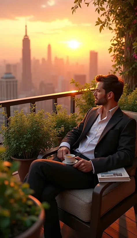 Create a millionaire young man on a plant-filled balcony in the middle of a beautiful sunrise. 