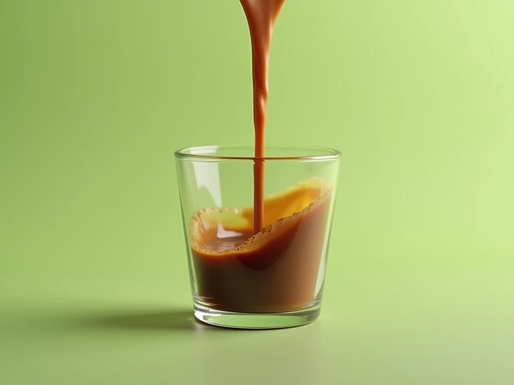 a stream of coffee falls into an empty glass glass from above, close-up,a creamy green background, detailed