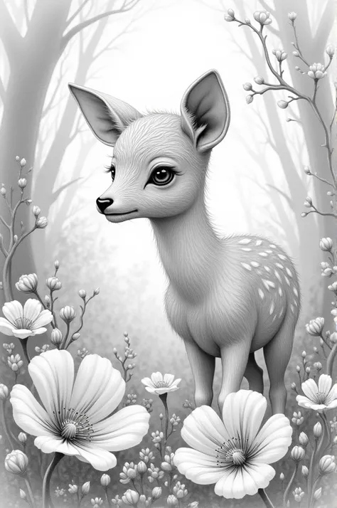  Realistic pencil drawing of a fawn painting white in the forest painted white with fine lines and a very defined outline. In the foreground, highly detailed flowers with fine lines and a defined outline painted white 