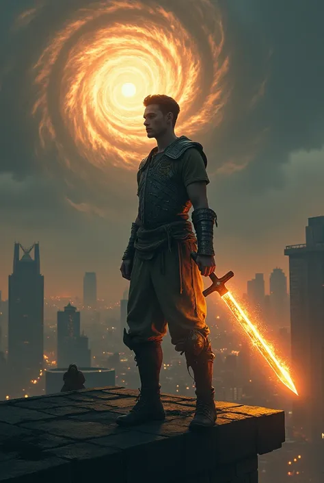 A young man stands on the edge of a modern rooftop, his silhouette illuminated by the city’s glowing lights. Below him, shadowy figures of his family loom, their faces cold and unfeeling. In the background, a swirling vortex of magic bridges two worlds. On...