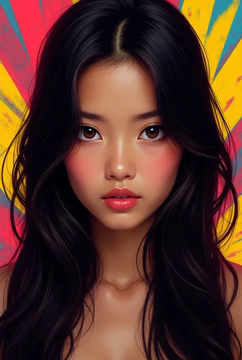  make a pop art image of a girl with long dark brown hair, With dark brown eyes half Asian 
