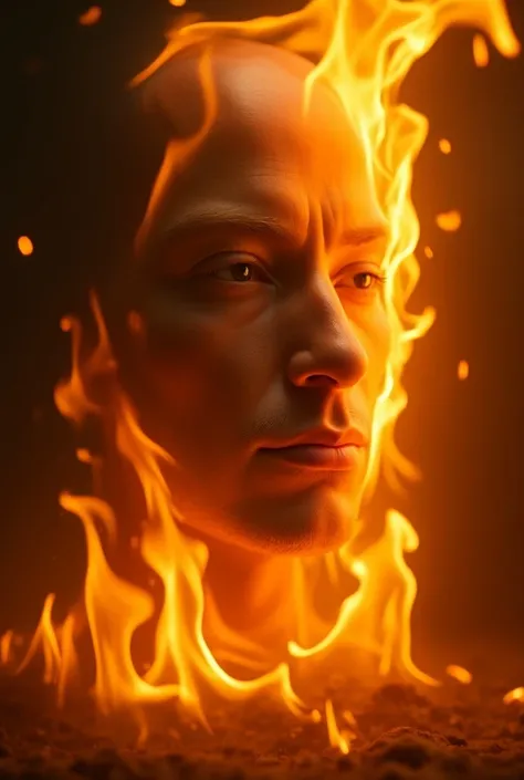 A figure of transformation and change, reminiscent of philosophical thought, emerges from a fiery background. A face, partially obscured, peers out from the flames, symbolizing the universal consciousness of reason. The image is rendered in a photorealisti...