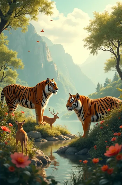 Create a video of animals and Tiger lions each together beautiful view and family