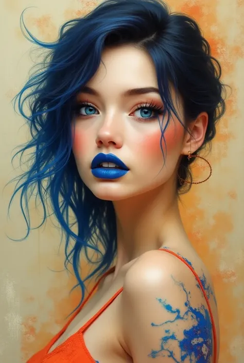 An artistic portrayal of a female figure. She has striking blue eyes, dark lips, and her hair is adorned with vibrant blue and orange streaks. The background is a mix of beige