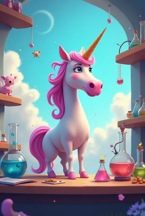 Une licorne qui fait des expériences scientifiques, dans un style animation