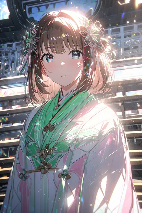 masterpiece, Best Quality, Super detailed, Sparkling　Shine, Shine光,  ray tracing,  Hi-Res,  Depth of Field, ( perfect face,   Details Faces  ), Amagami Asahi  , Hair accessories, Green, Shrine maiden,  hakama skirt,  sitting