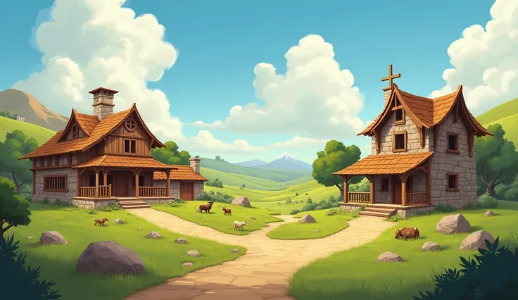 9.	Wooden and stone ranch-like structures from biblical times protected under cloud cover, Creating a Tranquility Scenario..Create in Disney style , Pixar e cartoon