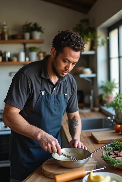 a man at kitchen cooking amateur photo, sydney, australia, crew cut curly short hair, receding temples, medium beard, dark hair